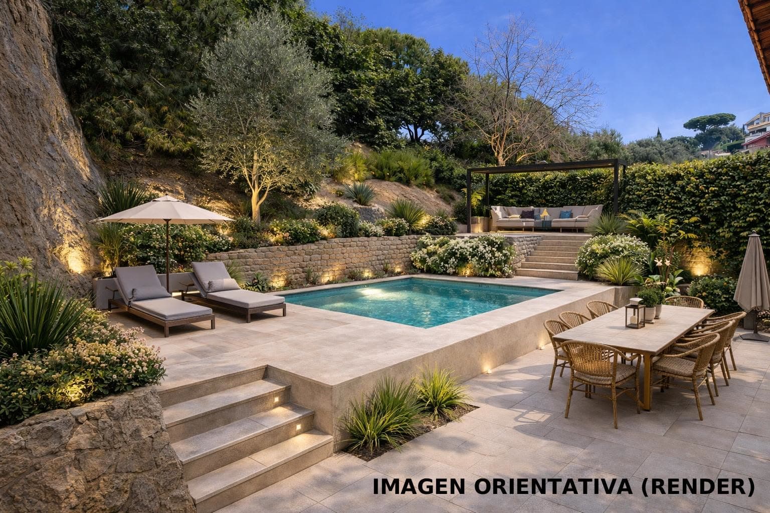 Render del proyecto exterior con piscina (imagen orientativa)