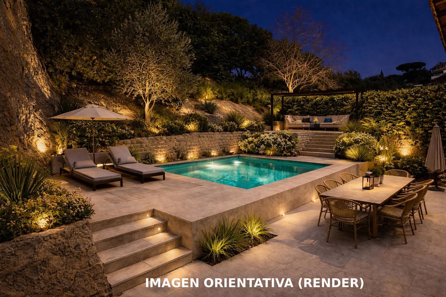 Render del proyecto de jardín con piscina (imagen orientativa)